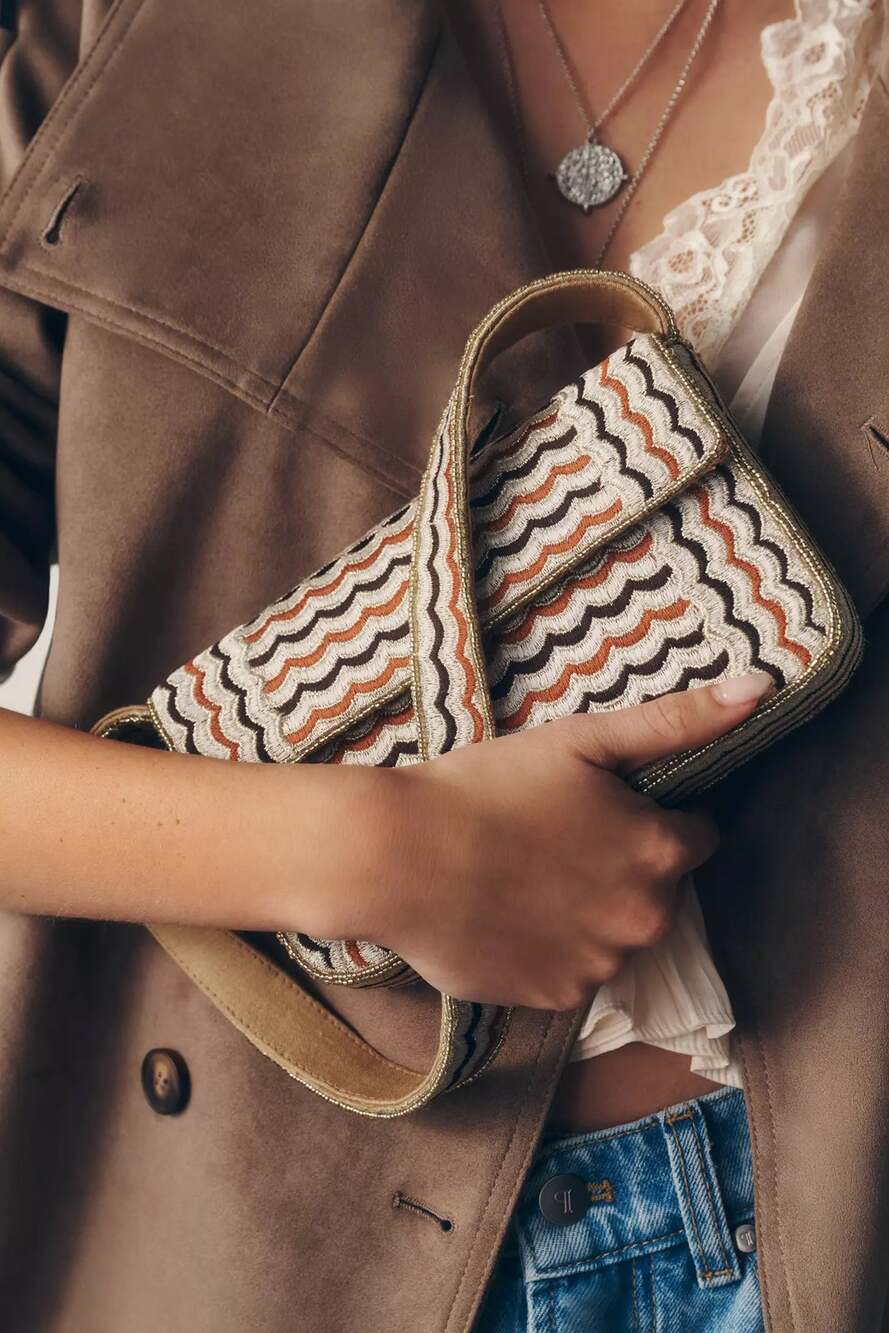 nwt ANTHROPOLOGIE The Fiona Beaded Bag: Brown geometric edition